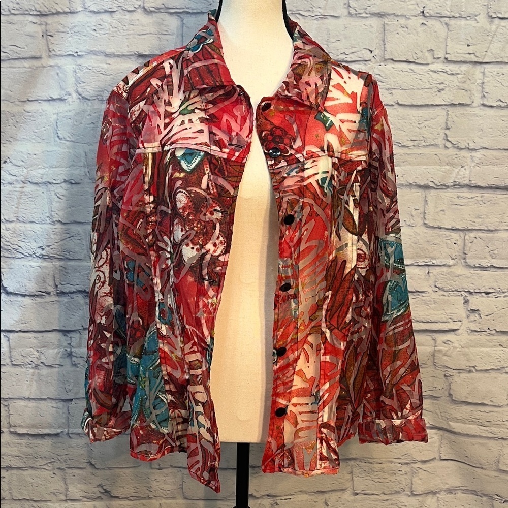 Chico’s Sheer Button Down Blouse Floral Print Chicos 3 XL